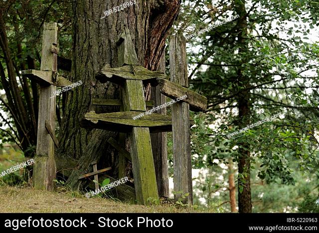 Weathered wooden crosses on the sacred mountain Grabarka, Swieta Gora Garbarka, Poland, Europe