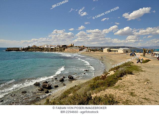 View across the beach Playa Grande to the town of Tabarca, Island of Tabarca, Isla de Tabarca, Costa Blanca, Spain, Europe