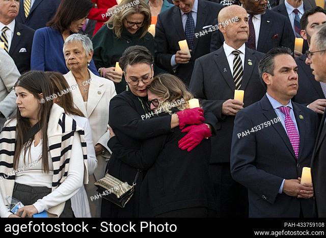 United States Representative Harriet Hageman (Republican of Wyoming) comforts Shani Segal as Congressional Members are joined by family members of Israeli...