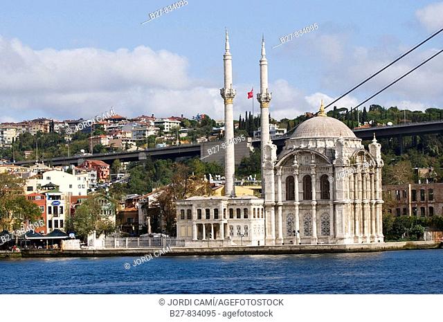 Ortakoy mosque and the Bosphorus bridge Istanbul Turkey