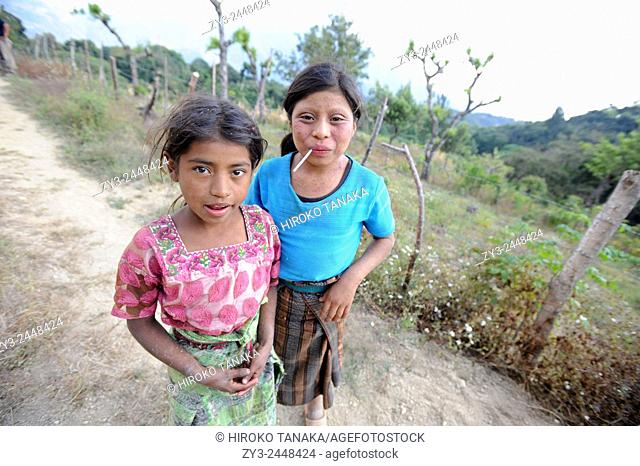Maya indigenous girls in Aqua Escondida, Solola department in Guatemala
