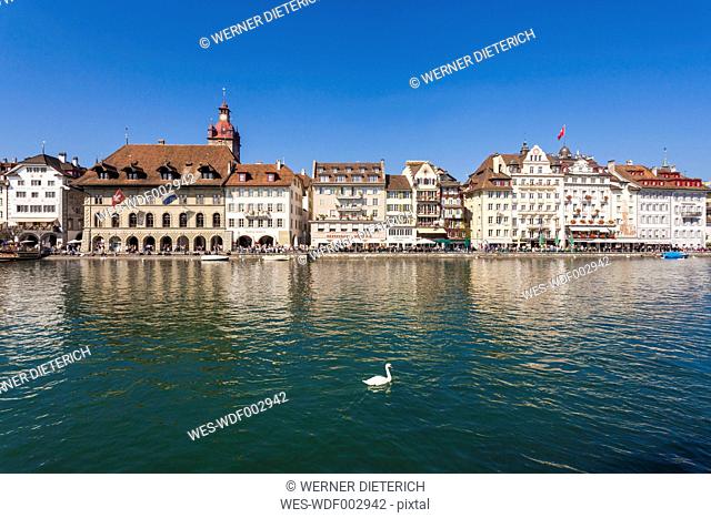 Switzerland, Canton of Lucerne, Lucerne, Old town, river Reuss, Houses with restaurants at riverside