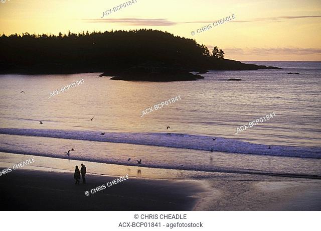 View of MacKenzie beach at sunrise from Middle Beach Lodge, Tofino, Vancouver Island, British Columbia, Canada