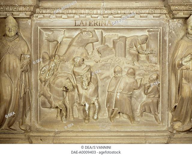 Episode in the life of the late Guido Tarlati, bishop and lord of the city of Arezzo, tile from the Cenotaph to Guido Tarlati, 1330
