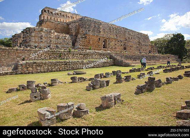 Visitors near the Palace Of The Masks- Palacio De Los Mascarones-Codz Poop at Kabah Archaeological Site, Merida, Yucatan State, Mexico, Central America