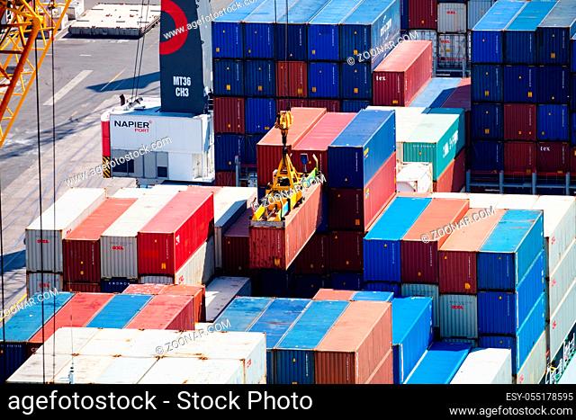 NAPIER, NEW ZEALAND -SEPTEMBER 30, 2017: Shipping containers lay ready the Port of Napier for export from New Zealand