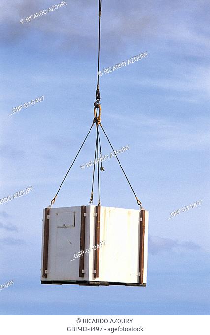 Photo illustrated box suspended by a wire rope, cargo box, cables, transport, support