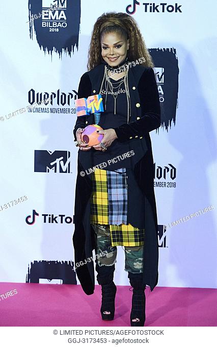 Janet Jackson poses her Icon Globe Award in the press room during the 25th MTV EMAs 2018 held at Bilbao Exhibition Centre 'BEC' on November 4, 2018 in Madrid