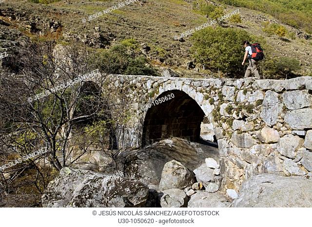 Woman walking along the tourist route known as Carlos V, between Tornavacas and Jarandilla  Cáceres  Extremadura  Spain