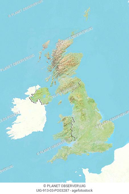 Relief map of the United Kingdom with country boundaries. This image was compiled from data acquired by LANDSAT 5 & 7 satellites combined with elevation data