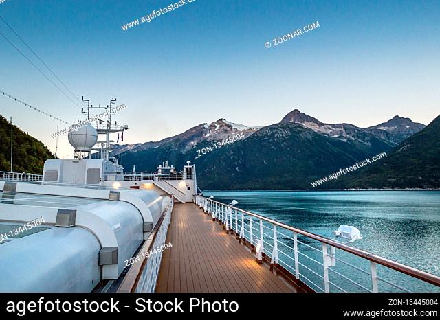 September 15, 2018 - Skagway, AK: Sports deck of Holland America's The Volendam, while docking at port in the early morning in Taiya Inlet