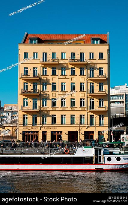 Berlin, Germany - february 2019: A typical berliner residential building facade near Friedrichstr. in Berlin, Mitte