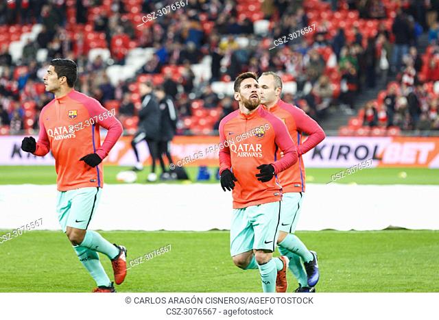 BILBAO, SPAIN - JANUARY 05: Leo Messi, Andres Iniesta and Luis Suarez in the preheating the eighth-finals Spanish Cup match between Athletic Bilbao and FC...