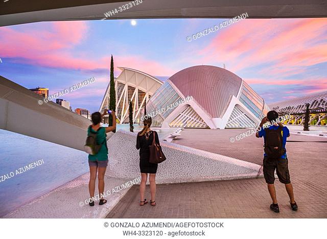 In the foreground Hemisferic. In the background Principe Felipe Science Museum. City of Arts and Sciences. . Architect Santiago Calatrava. Valencia