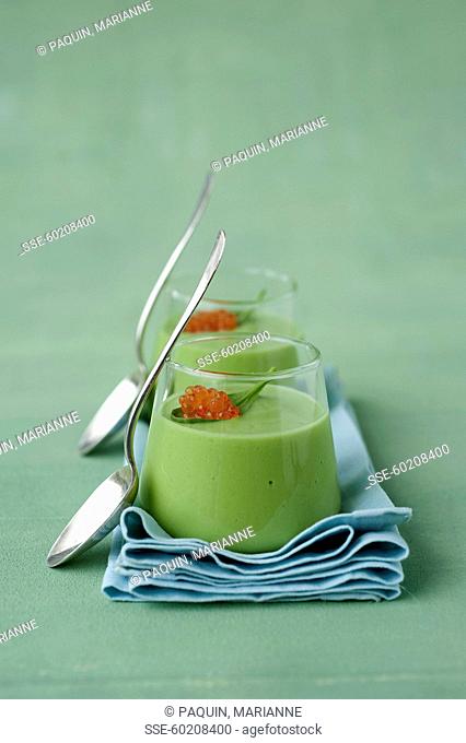 Cream of avocado with spinach sprouts, Tabasco and trout roe