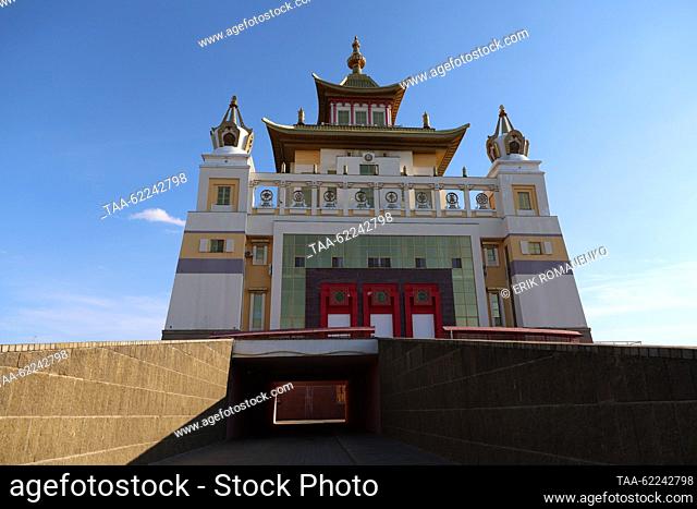 RUSSIA, ELISTA - SEPTEMBER 15, 2023: A view shows the Burkhan Bakshin Altan Sume (Golden Abode of the Buddha Sakyamuni), the largest Buddhist temple in Russia...