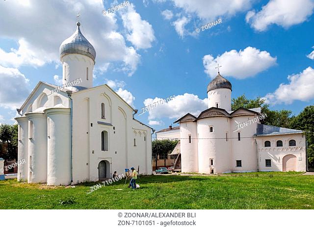 NOVGOROD, RUSSIA - JULY 23, 2014: Old russian orthodox churches at the Yaroslav's Court in Veliky Novgorod, Russia