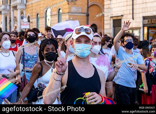 Rome, Italy - June 26, 2021: Universal demonstration for the rights of the LGBT community, participants parade in the streets at Rome Pride
