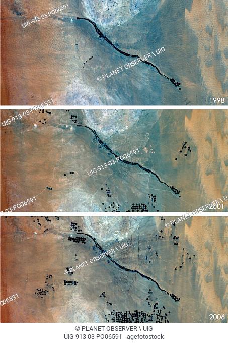 Satellite view of Agriculture in the Desert in Saudi Arabia in 1998, 2001 and 2006. This before and after image shows the expansion of circular agricultural...