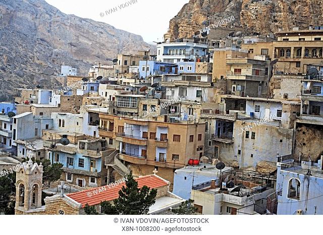 Maloula Maalula village with the monastery of Mar Sarkis St  Sergius on top of hill  Syria