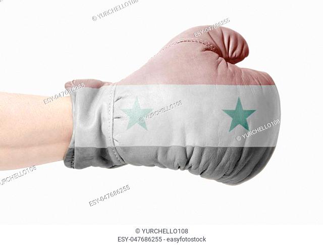Flag of Syria on boxing glove isolated on a white background