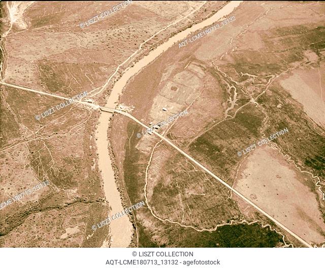 Air views of Palestine. Flying south over the Jordan Rift. Jordan Bridge of Sheik Hussein. Crossing of the Beisan-Irbid road. 1931