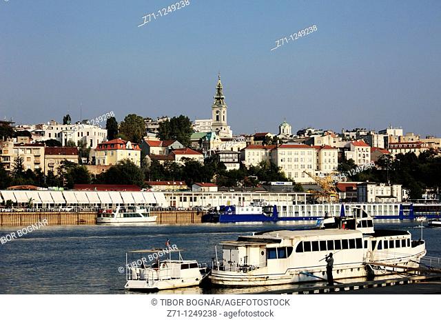 Serbia, Belgrade, skyline, general view, Sava river, boats