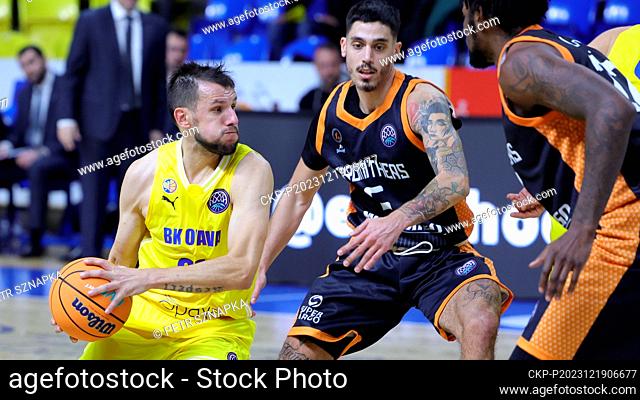L-R Jakub Sirina (Opava) and Antonis Koniaris and Chris Coffey (Promitheas) in action during men's Basketball Champions League, group B, 6th round