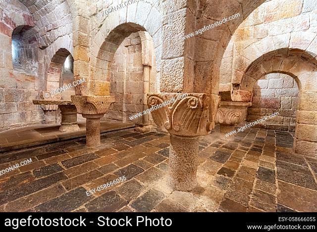 Leyre, Spain - August 10, 2019 : Interior of the ancient romanesque crypt of the Church of Holy Savior of Leyre Iglesia de San Salvador de Leyre , Navarre