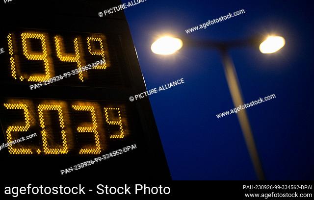 26 September 2023, Berlin: The prices for gasoline Super and Super plus (below) are shown on the LED display at a gas station