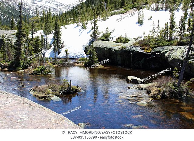 Glacier Creek flowing into Mills Lake in Rocky Mountain National Park, Colorado, USA
