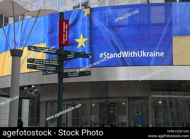 Illustration picture shows European and Ukrainian flag and during the inauguration of the Center for Ukrainian Civil Society, near the European Parliament