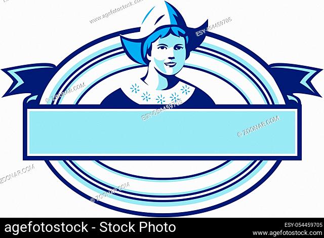 Illustration of a Dutch lady wearing traditional dutch cap or dutch bonnet that resemble a nurse's hat facing front set inside oval shape with ribbon done in...