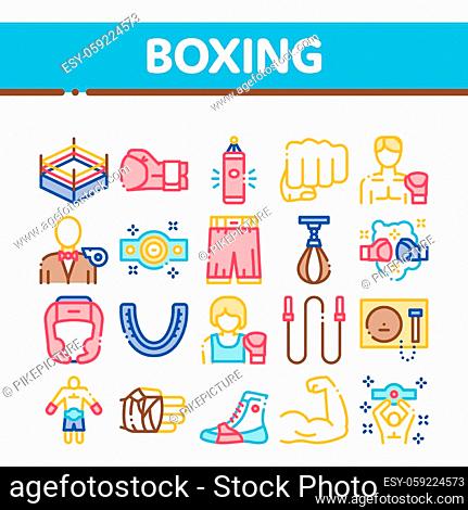 Boxing Sport Tool Collection Icons Set Vector Thin Line. Boxing Glove And Shirts, Protection Helmet And Mouth Piece, Ring And Box Award Concept Linear...