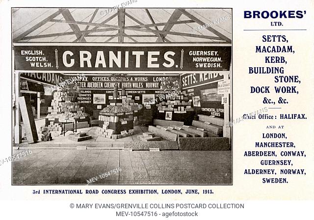 Stall for the European granite of Brookes' Ltd. of Halifax at the 3rd International Road Congress Exhibition, London - June 1913
