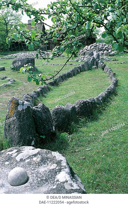 Sweden - Gotland Island. Archaeological ruins: stone row in the shape of a ship