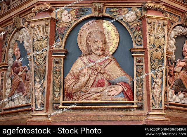 13 September 2023, Saxony-Anhalt, Halberstadt: View of a pulpit relief in Halberstadt Cathedral. The relief was long considered lost and has now been reinstated