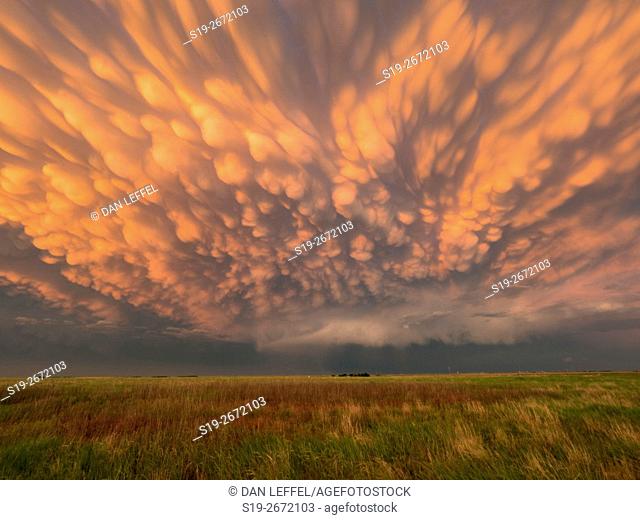 Mammatus clouds at sunset minutes after a tornado near Dodge City, Kansas on May 24, 2016