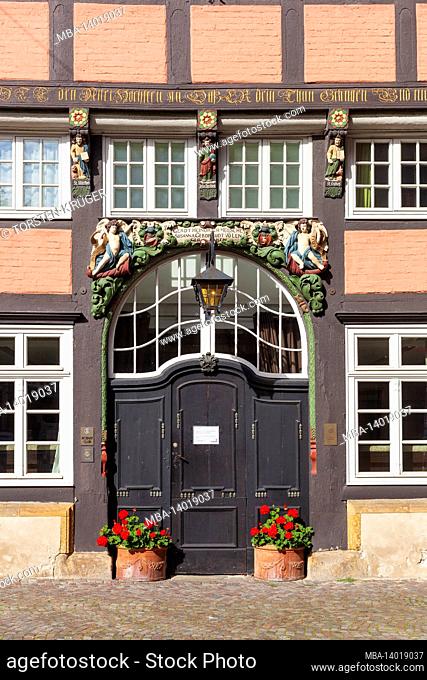 door, hotel and restaurant walhalla, historic half-timbered house in krahnstrasse, osnabrück, lower saxony, germany, europe