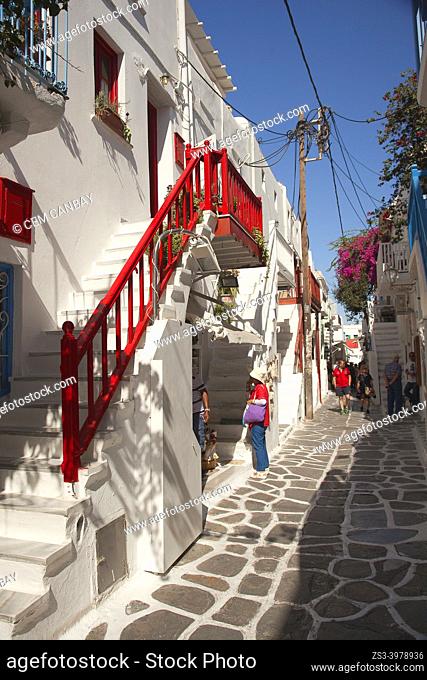 Tourists walking in the alleys of the old town, Mykonos Island, Cyclades Islands, Greek Islands, Greece, Europe