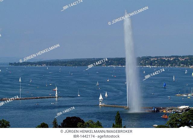 View of the Lake Geneva with Jet d'Eau from the tower of St Pierre Cathedral, Geneva, Switzerland, Europe