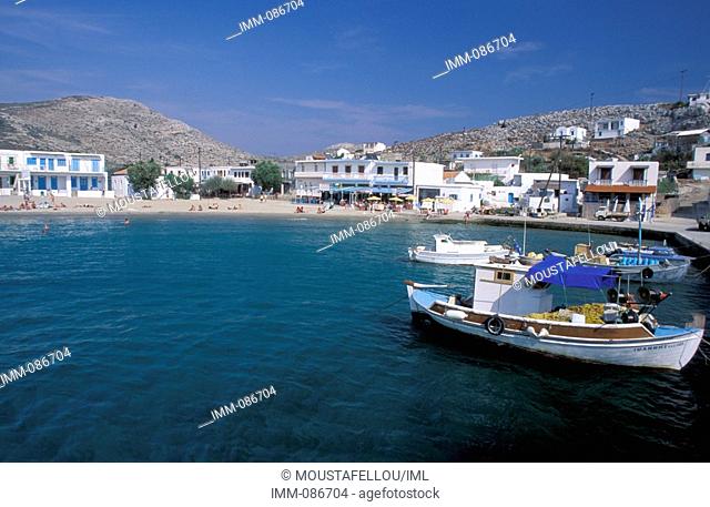 Dodecanese, Kalymnos Pserimos Islet, east of Karpathos, view of village and harbor, fishing boats