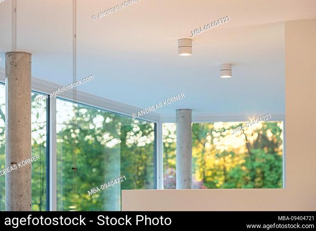 View from a modern living space into the nature with evening sun