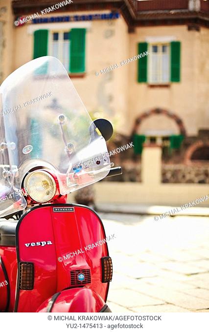Vespa Piaggio parked in Bosa old town Sardinia, Italy