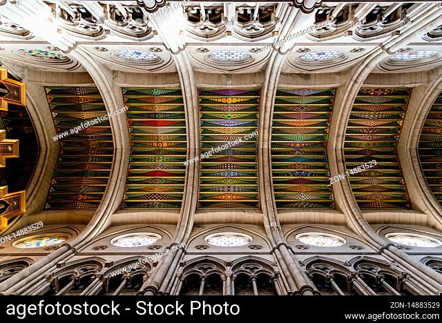 Madrid, Spain - November 1, 2019: Almudena Cathedral, Santa Maria la Real de La Almudena. Directly below view of the vaults of the main nave