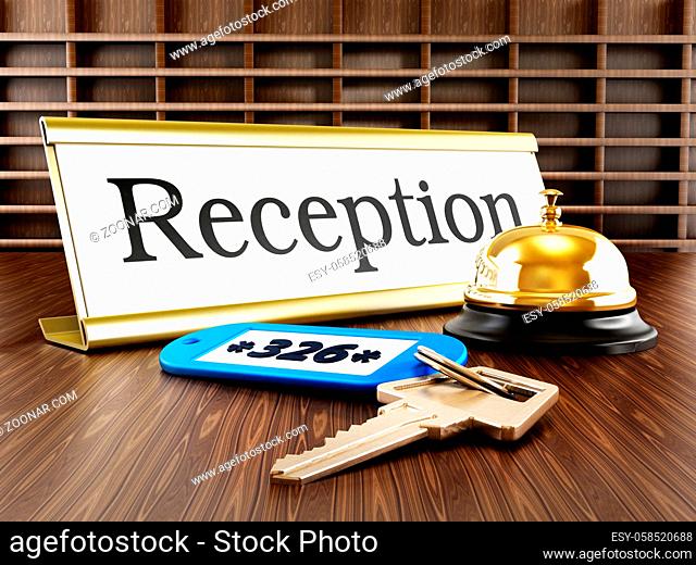 Hotel reception placard, service bell and room keys