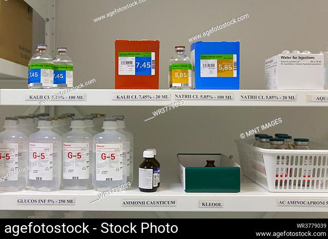 Modern hospital storage facilities, shelves of products for treatment and hospital procedures