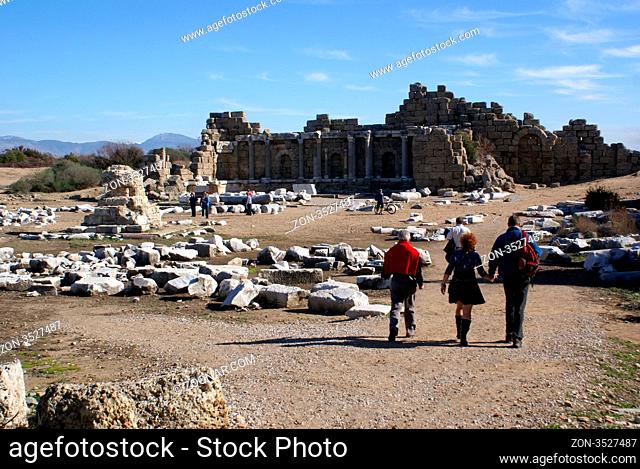 Ruins and people in Side near Antalya, Turkey
