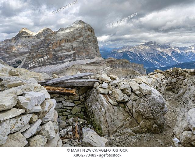 Emplacements of the Austrian forces during World War 1 at Mount Lagazuoi in the Dolomites, now preserved as a museum. The peakds of the Tofane in the background