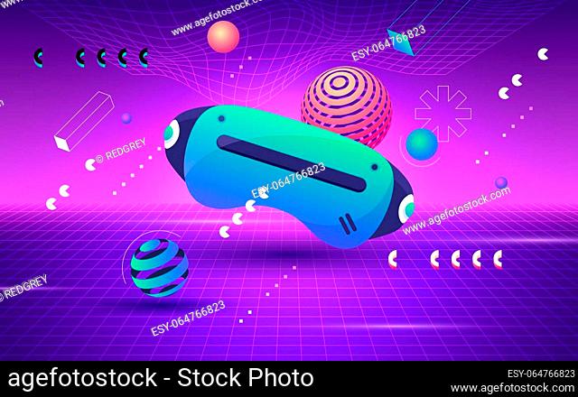 Metaverse concept. VR glasses for gaming with objects floating around on purple background. Virtual reality, future digital technology vector illustration